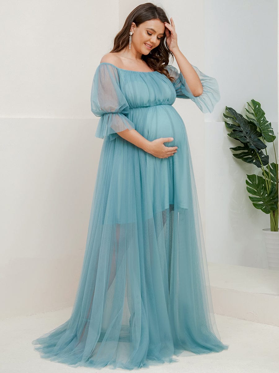 Plus Size Off-Shoulder Tulle Double Skirt Maxi Maternity Dress #color_Light Teal