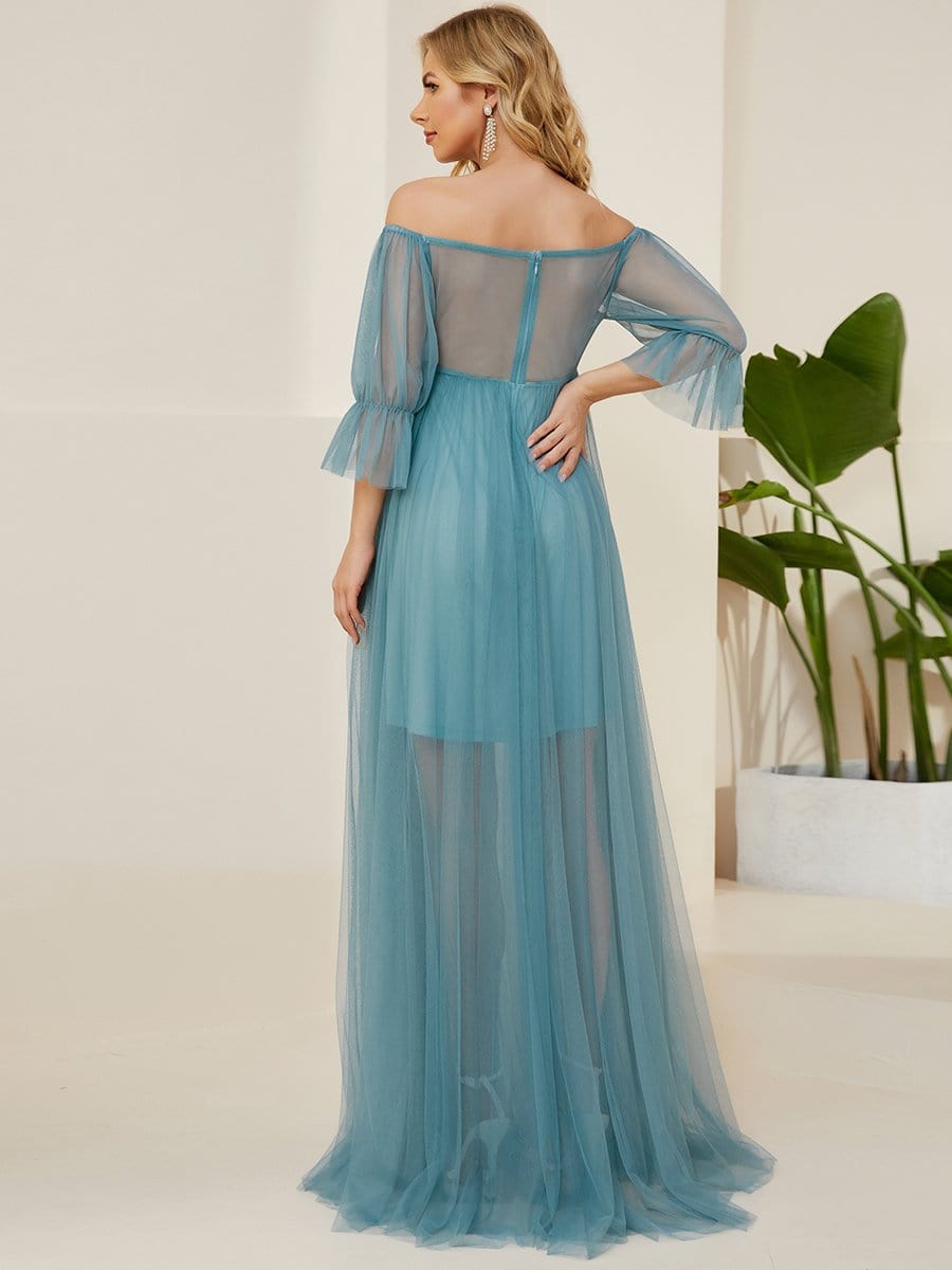 Sheer Off-Shoulder Double Skirt Maxi Maternity Dress #color_Light Teal