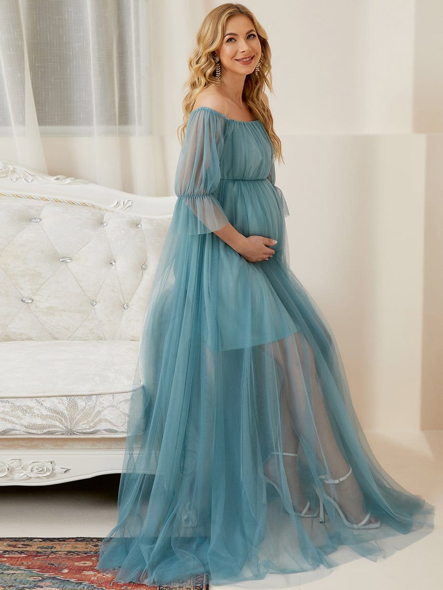 Sheer Off-Shoulder Double Skirt Maxi Maternity Dress #color_Dusty Blue