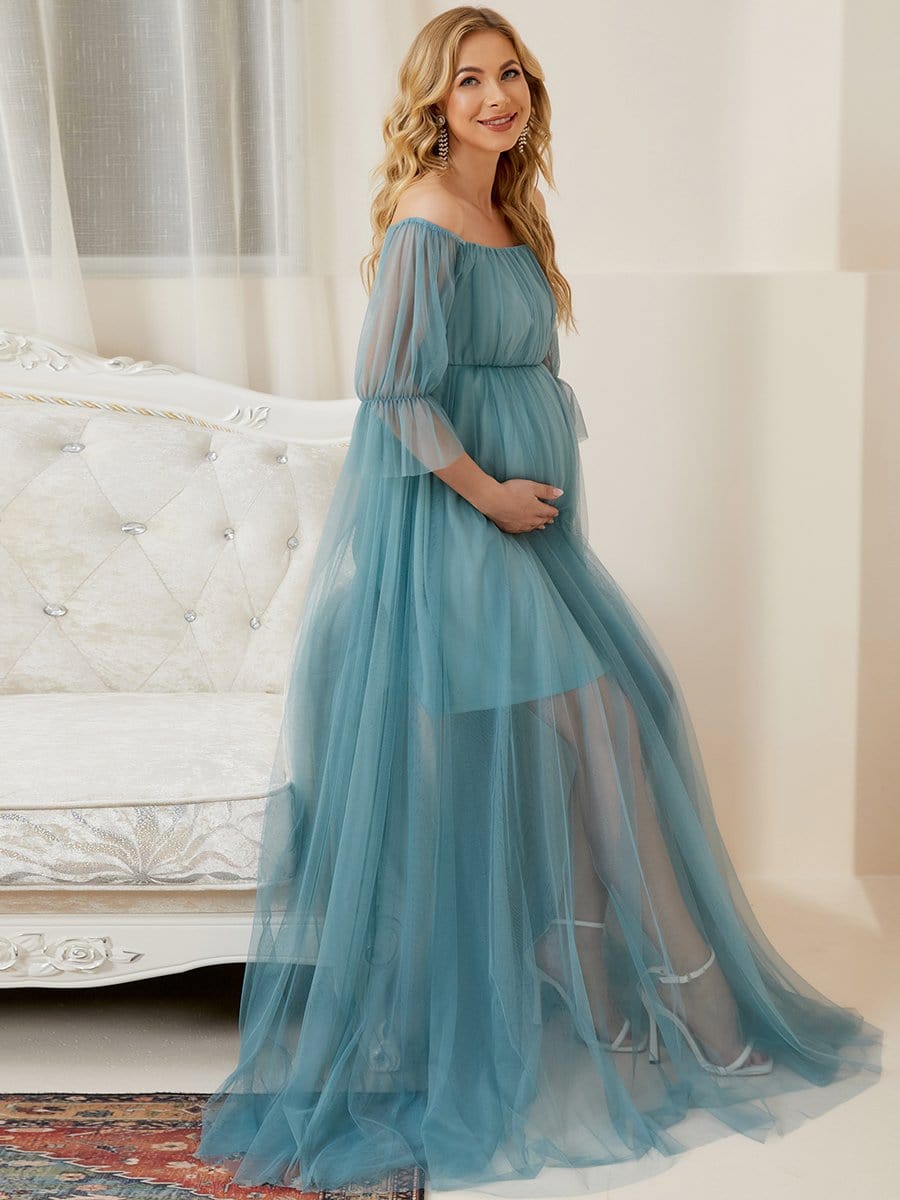 Sheer Off-Shoulder Double Skirt Maxi Maternity Dress #color_Light Teal