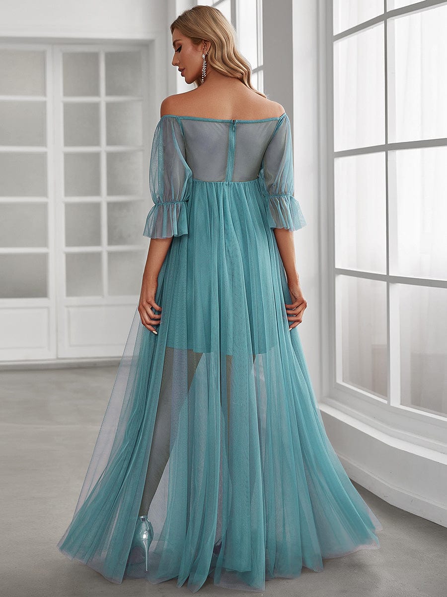 Sheer Off-Shoulder Double Skirt Maxi Maternity Dress #color_Light Teal