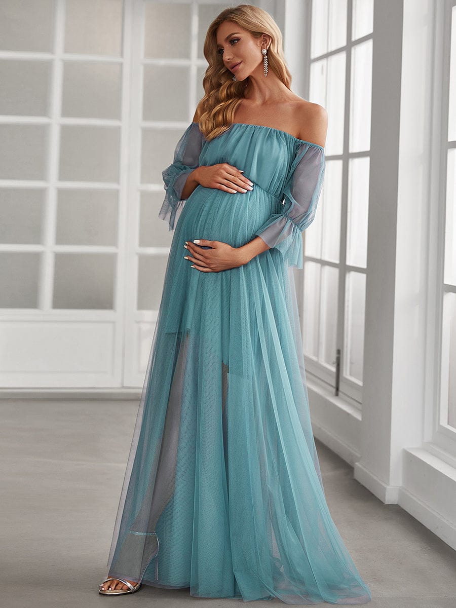 Sheer Off-Shoulder Double Skirt Maxi Maternity Dress #color_Dusty Blue