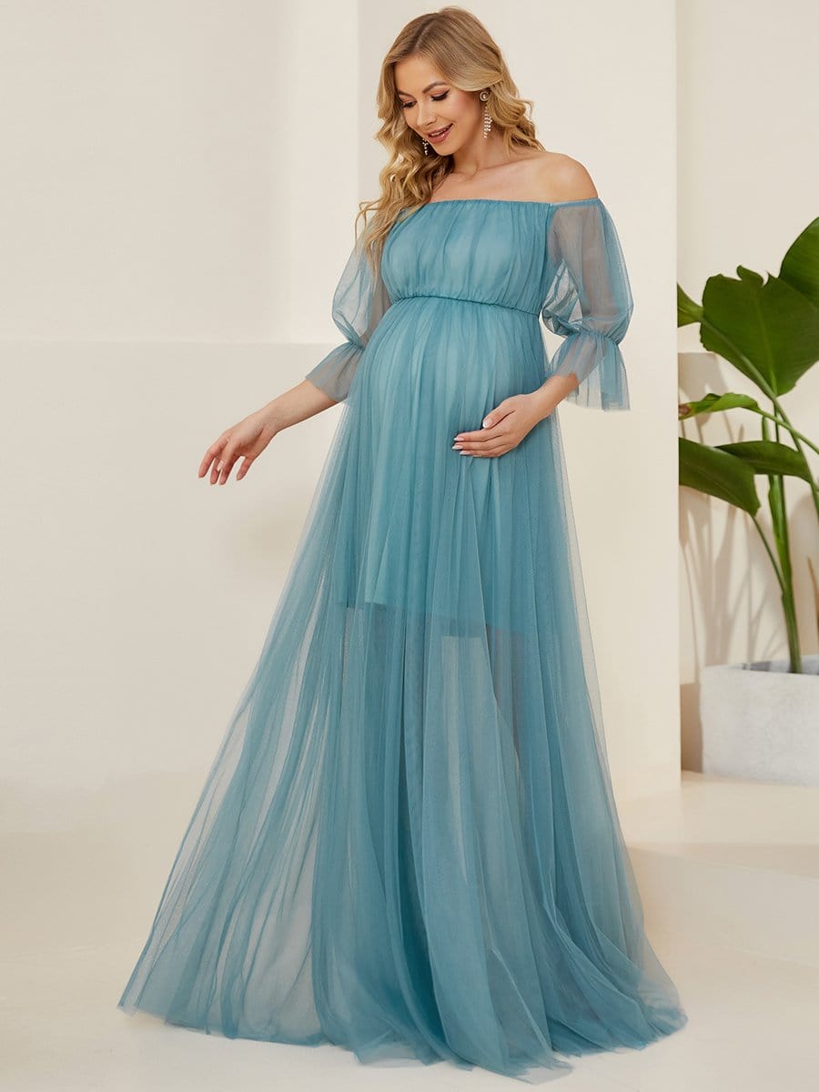 Sheer Off-Shoulder Double Skirt Maxi Maternity Dress #color_Light Teal