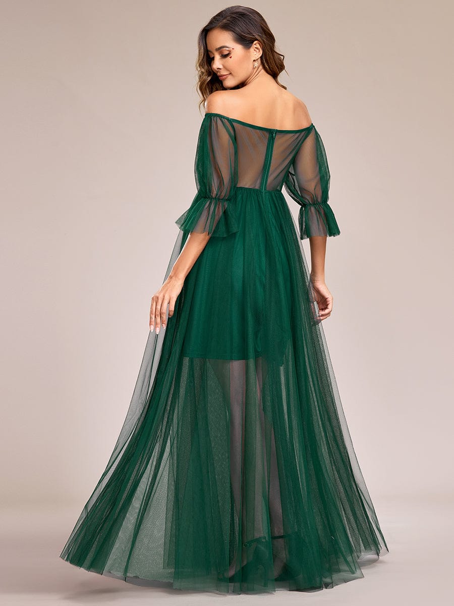 Sheer Off-Shoulder Double Skirt Maxi Maternity Dress #color_Dark Green