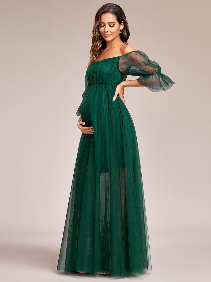 Sheer Off-Shoulder Double Skirt Maxi Maternity Dress #color_Dark Green