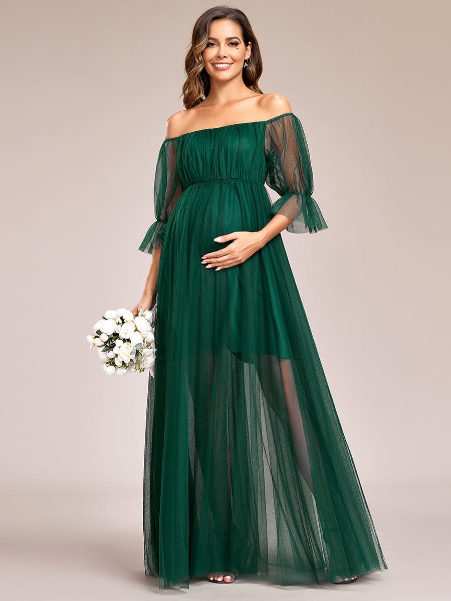 Sheer Off-Shoulder Double Skirt Maxi Maternity Dress #color_Dark Green