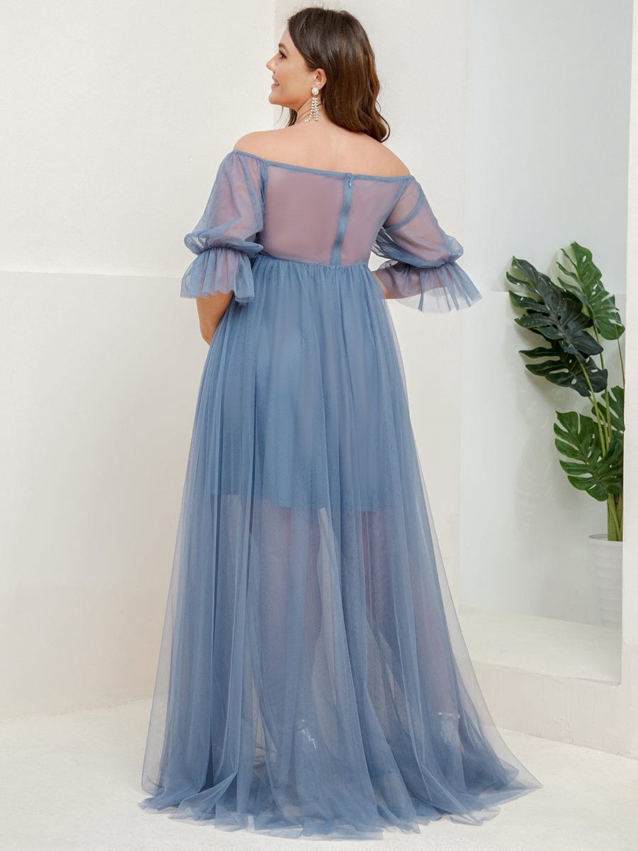 Plus Size Off-Shoulder Tulle Double Skirt Maxi Maternity Dress#color_Dusty Blue