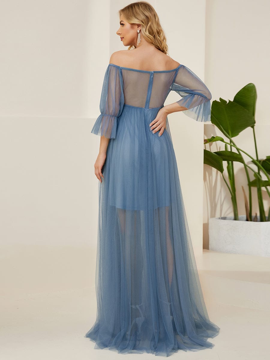 Sheer Off-Shoulder Double Skirt Maxi Maternity Dress #color_Dusty Blue