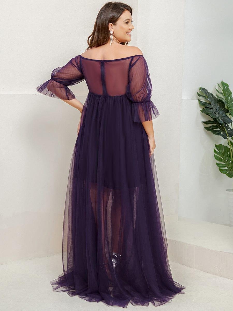 Plus Size Off-Shoulder Tulle Double Skirt Maxi Maternity Dress #color_Dark Purple