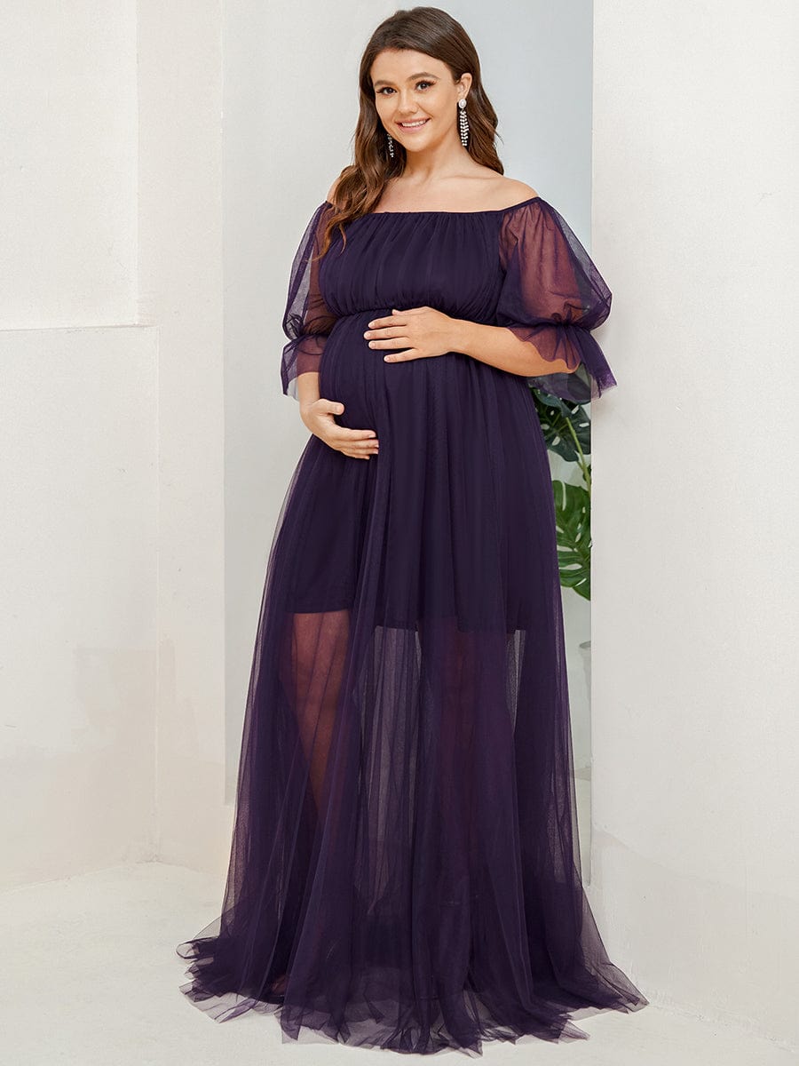 Plus Size Off-Shoulder Tulle Double Skirt Maxi Maternity Dress #color_Dark Purple