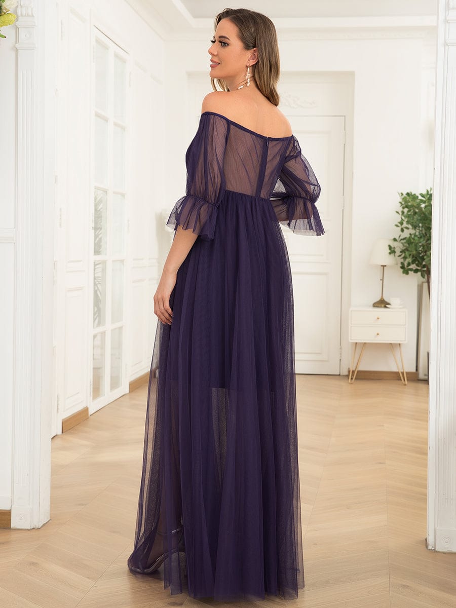 Sheer Off-Shoulder Double Skirt Maxi Maternity Dress #color_Dark Purple