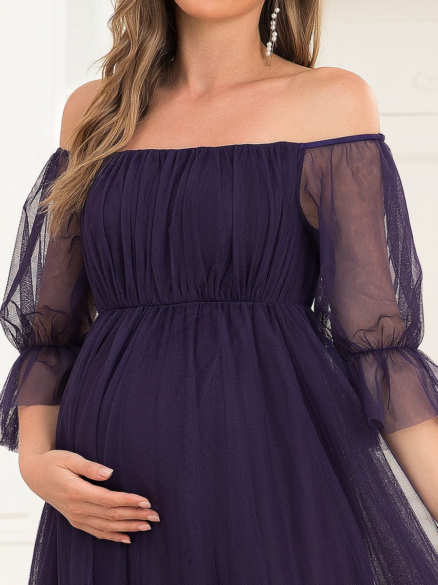 Sheer Off-Shoulder Double Skirt Maxi Maternity Dress #color_Dark Purple