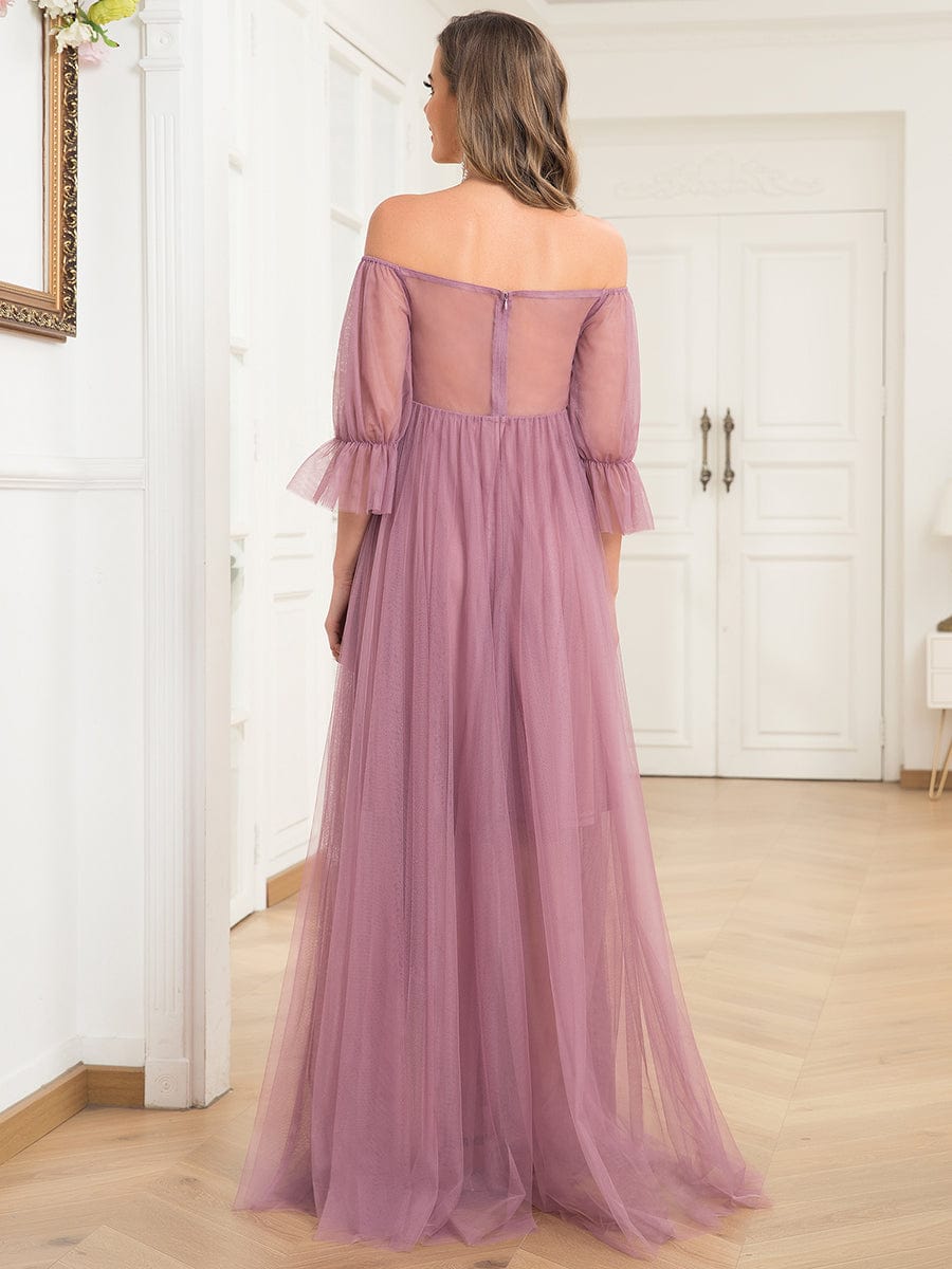 Sheer Off-Shoulder Double Skirt Maxi Maternity Dress #color_Purple Orchid