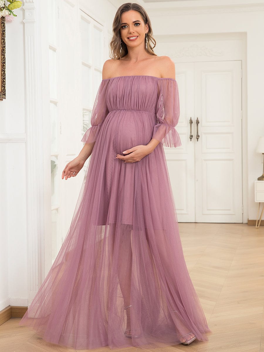Sheer Off-Shoulder Double Skirt Maxi Maternity Dress #color_Purple Orchid