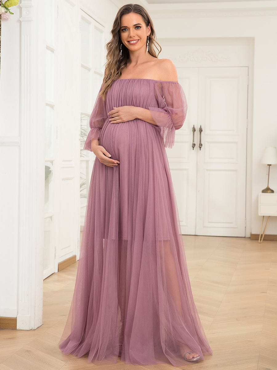 Sheer Off-Shoulder Double Skirt Maxi Maternity Dress #color_Purple Orchid