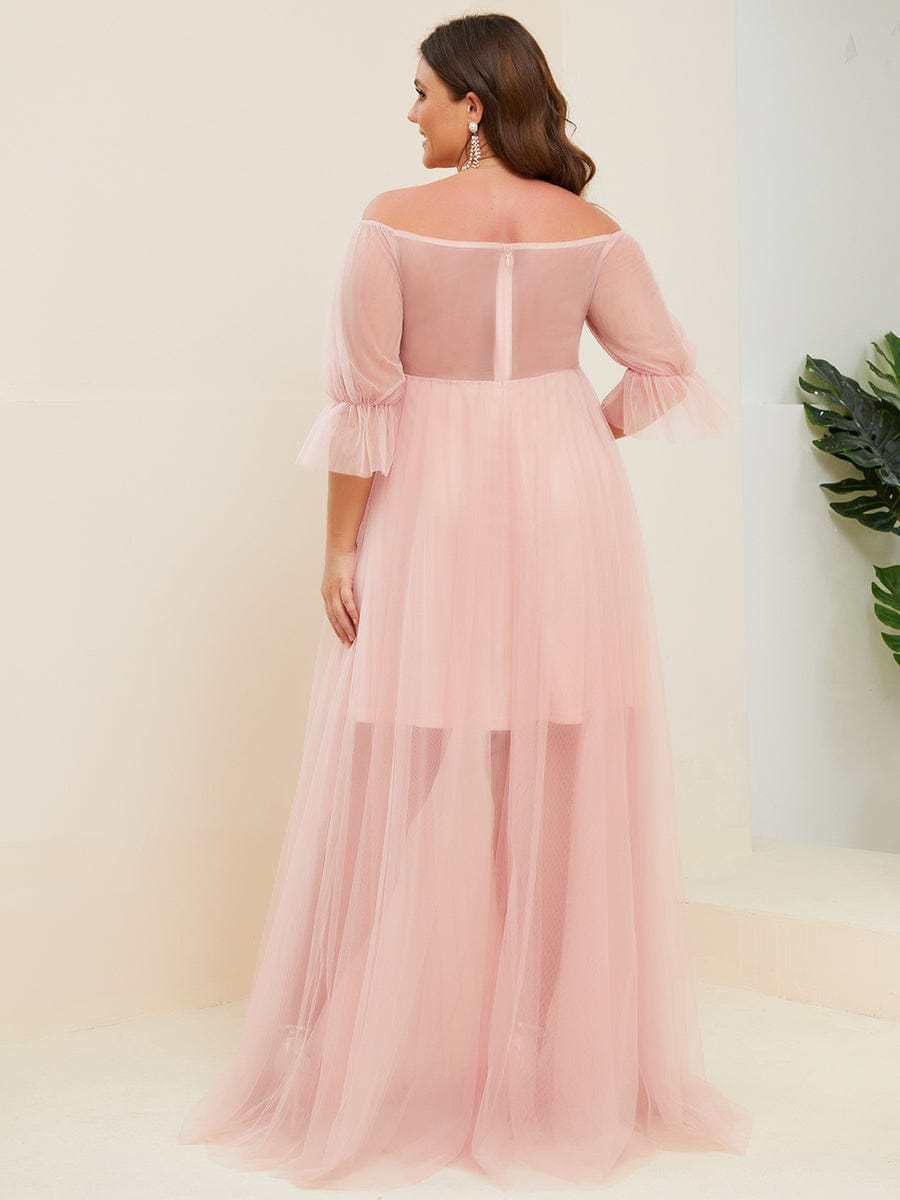 Plus Size Off-Shoulder Tulle Double Skirt Maxi Maternity Dress #color_Pink