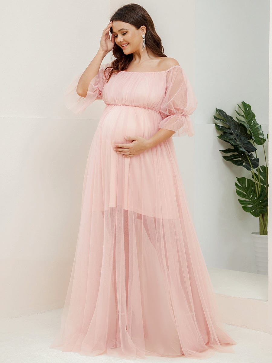 Plus Size Off-Shoulder Tulle Double Skirt Maxi Maternity Dress #color_Pink