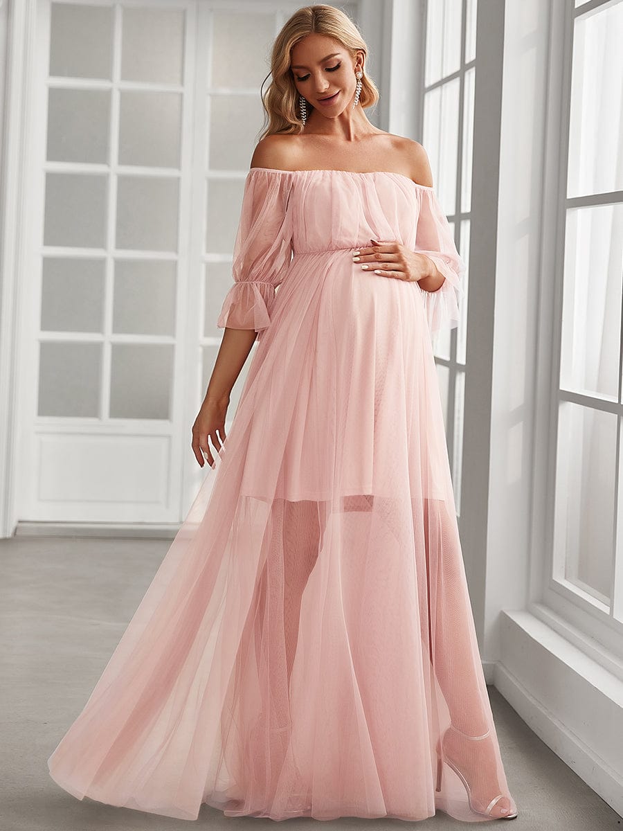 Sheer Off-Shoulder Double Skirt Maxi Maternity Dress #color_Pink
