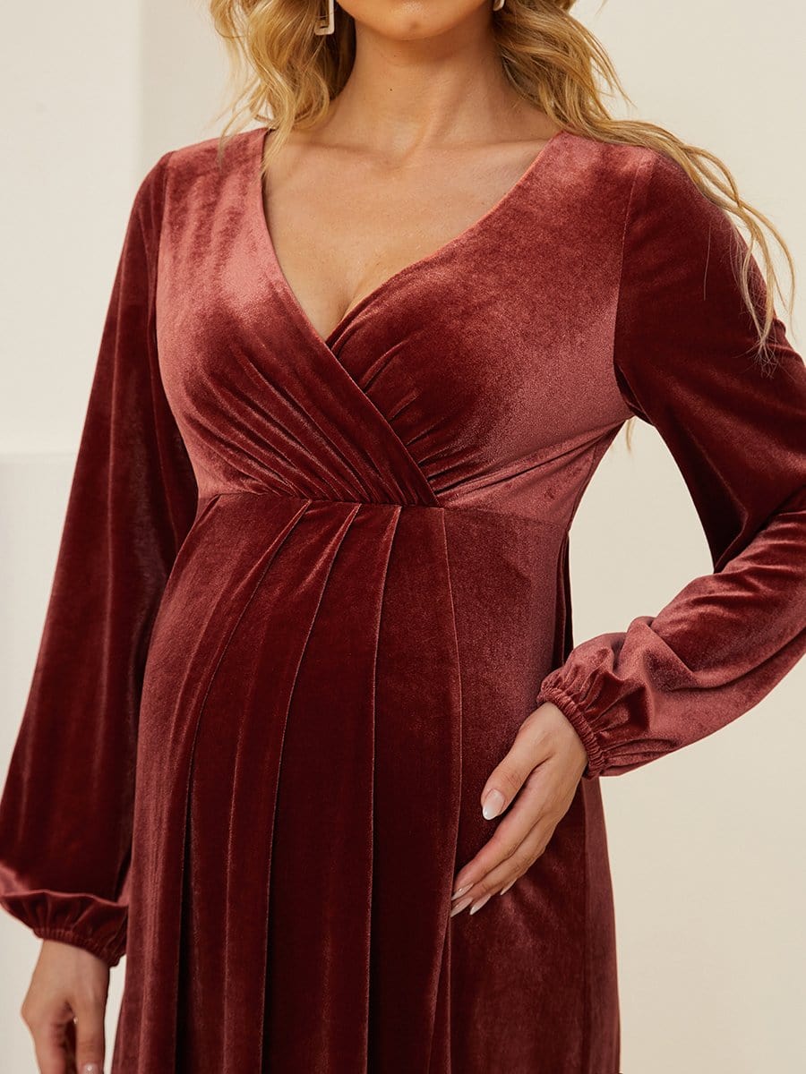 Long Sleeve Velvet V-Neck Front Slit Floor-Length Bump Friendly Dress #color_Brick Red 