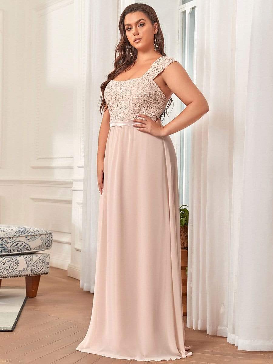 Elegant A Line Long Chiffon Bridesmaid Dress With Lace Bodice #color_Blush 