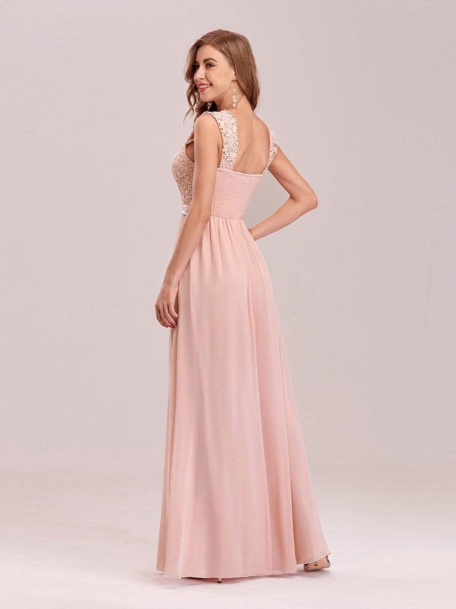 Elegant A Line Long Chiffon Bridesmaid Dress With Lace Bodice #color_Pink 