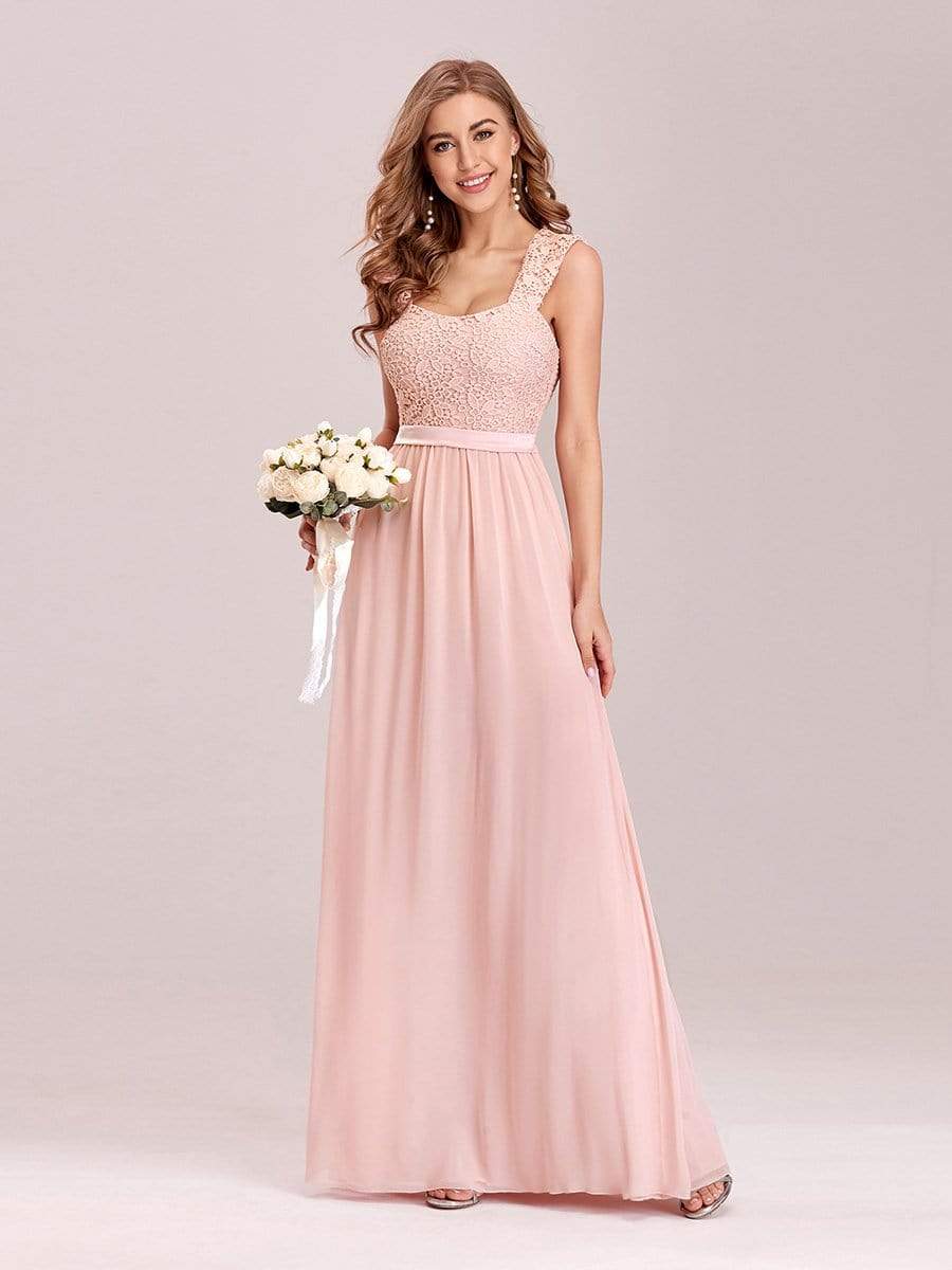 Elegant A Line Long Chiffon Bridesmaid Dress With Lace Bodice #color_Pink 