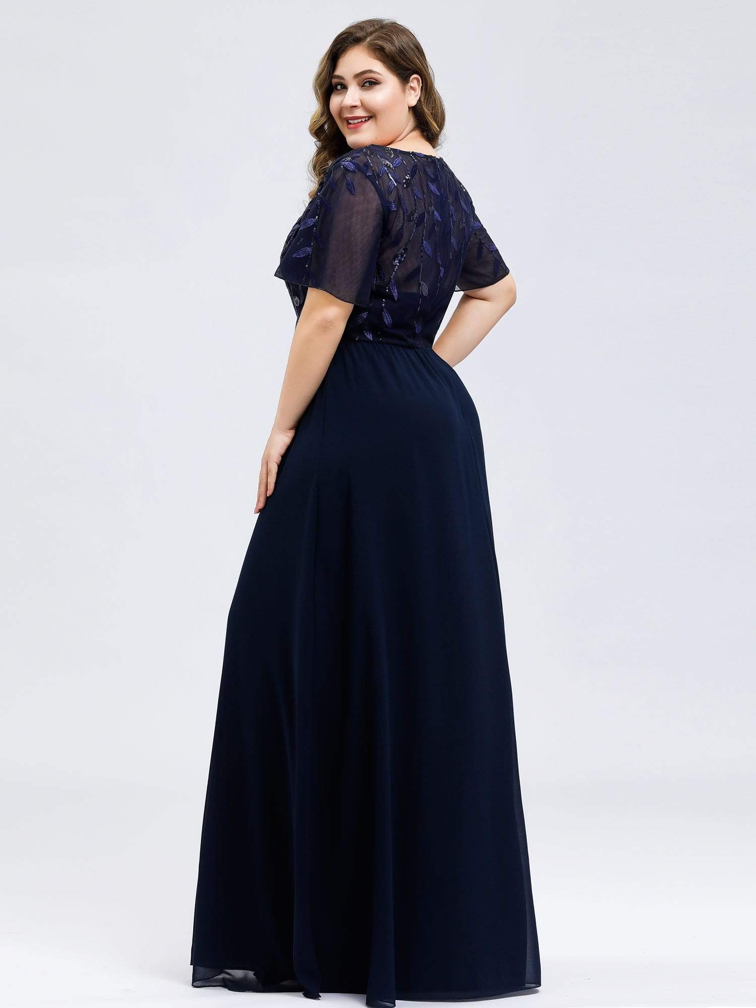 Plus Size V Neck Long Empire Formal Dresses with Sleeves #color_Navy Blue 