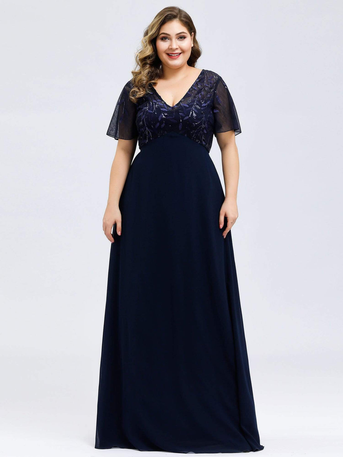 Plus Size V Neck Long Empire Formal Dresses with Sleeves - Ever-Pretty US