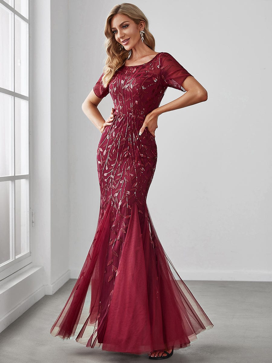 Floral Sequin Maxi Fishtail Tulle Prom Dress with Half Sleeve #Color_Burgundy