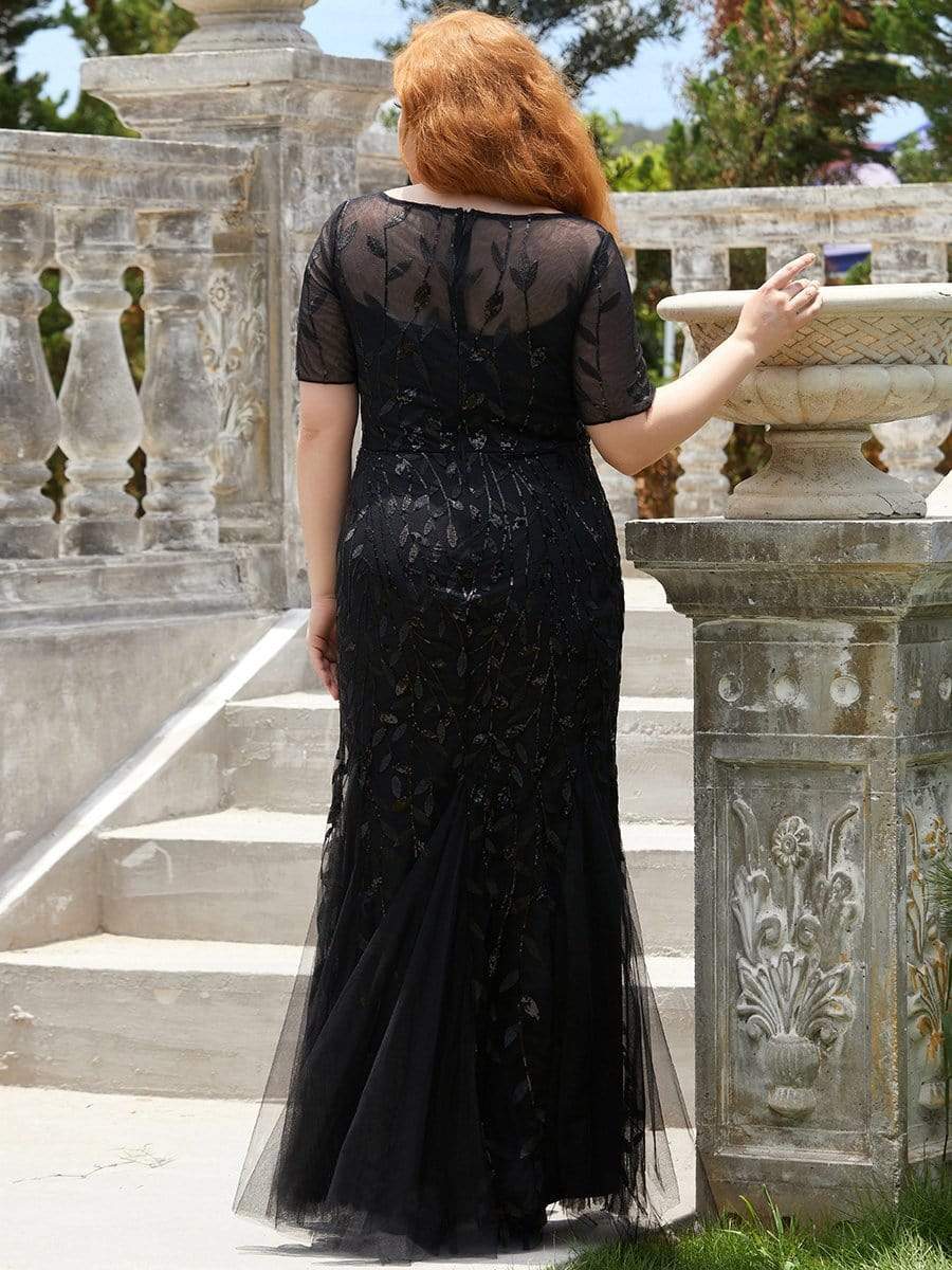 Floral Sequin Print Plus Size Mermaid Tulle Evening Dress #color_Black 