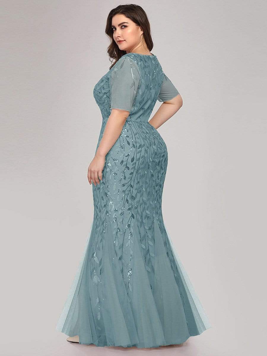 Floral Sequin Maxi Fishtail Tulle Prom Dress with Half Sleeve #Color_Light Teal