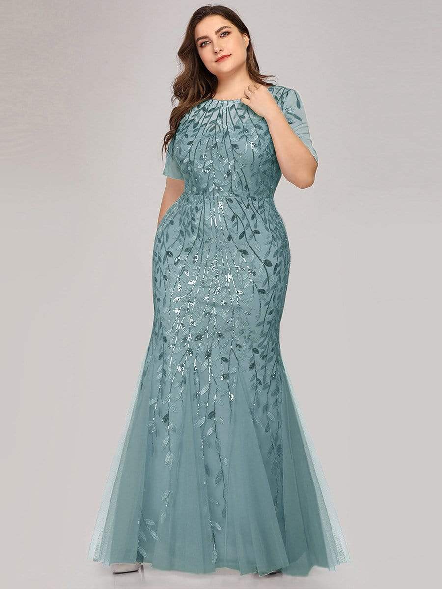 Floral Sequin Maxi Fishtail Tulle Prom Dress with Half Sleeve #Color_Light Teal