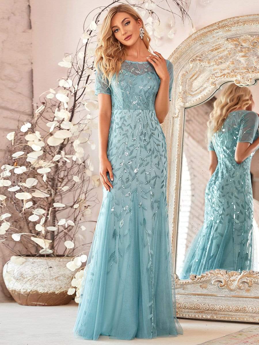 Floral Sequin Maxi Fishtail Tulle Prom Dress with Half Sleeve #Color_Light Teal