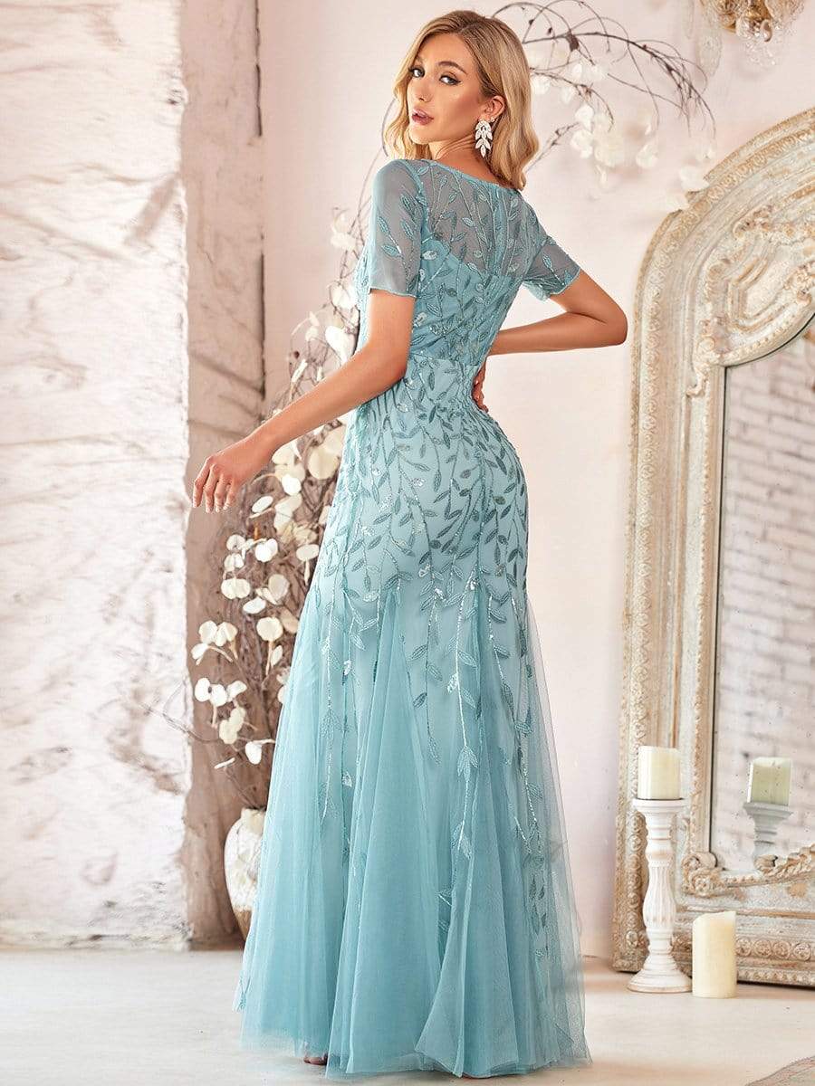 Floral Sequin Maxi Fishtail Tulle Prom Dress with Half Sleeve #Color_Light Teal