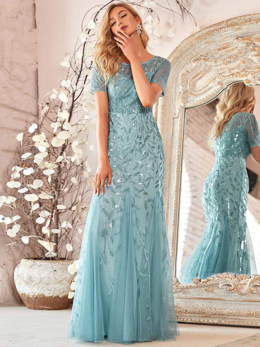 Floral Sequin Maxi Fishtail Tulle Prom Dress with Half Sleeve #Color_Light Teal