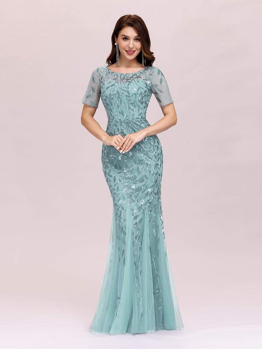 Floral Sequin Maxi Fishtail Tulle Prom Dress with Half Sleeve #Color_Light Teal