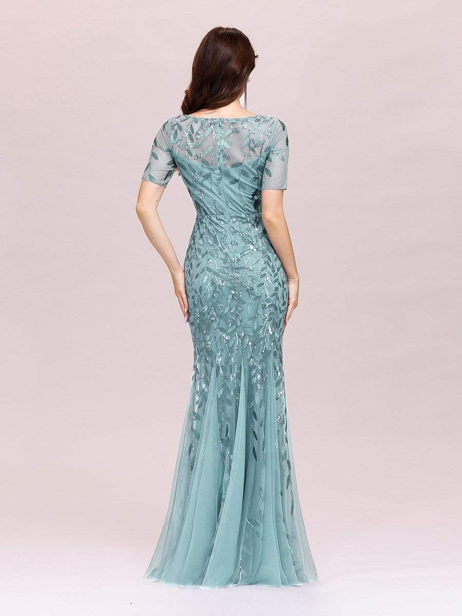 Floral Sequin Maxi Fishtail Tulle Prom Dress with Half Sleeve #Color_Light Teal