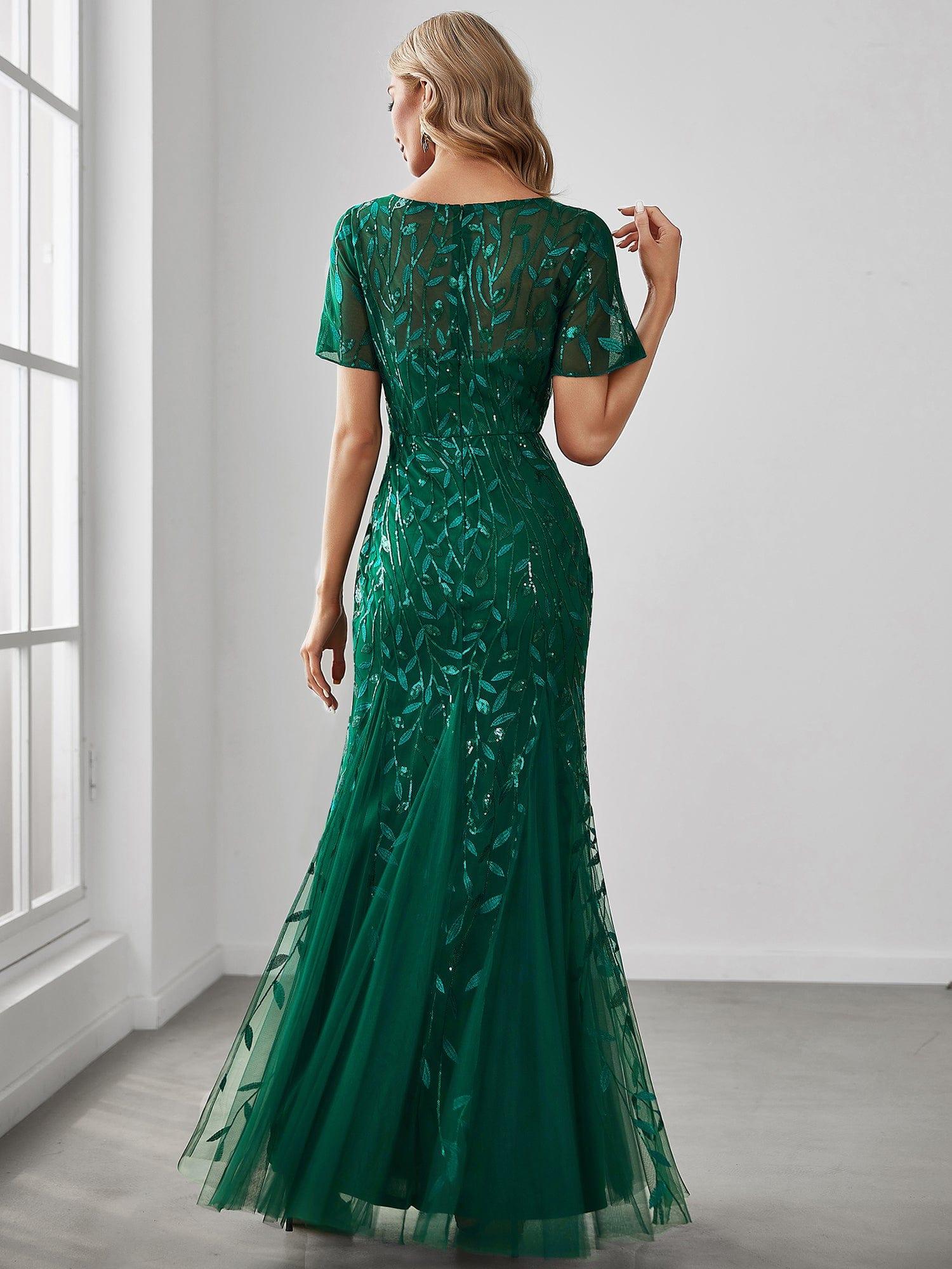 Custom Size Floral Sequin Maxi Fishtail Tulle Prom Dress #color_Dark Green