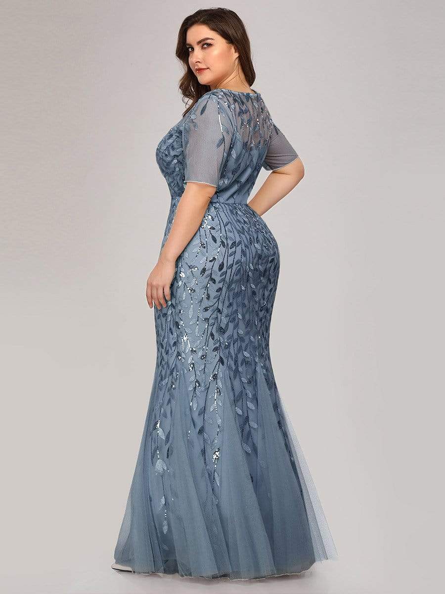 Floral Sequin Print Plus Size Mermaid Tulle Evening Dress #color_Dusty Blue 