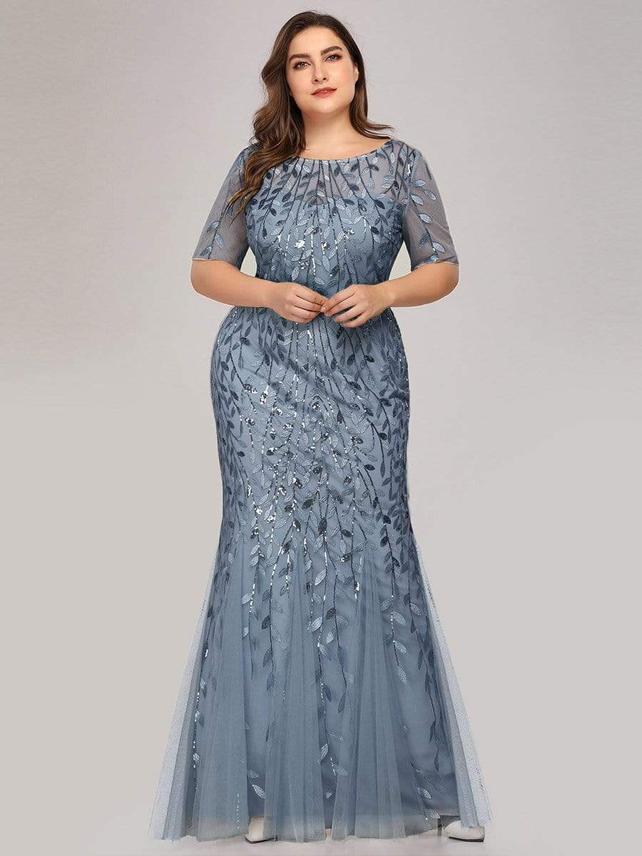 Floral Sequin Print Plus Size Mermaid Tulle Evening Dress #color_Dusty Blue