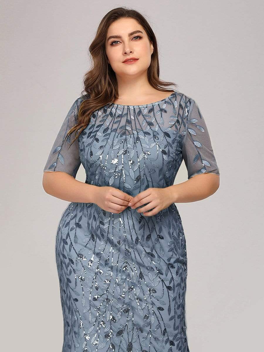 Floral Sequin Print Plus Size Mermaid Tulle Evening Dress #color_Dusty Navy 