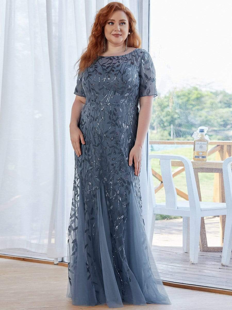 Floral Sequin Print Plus Size Mermaid Tulle Evening Dress #color_Dusty Blue