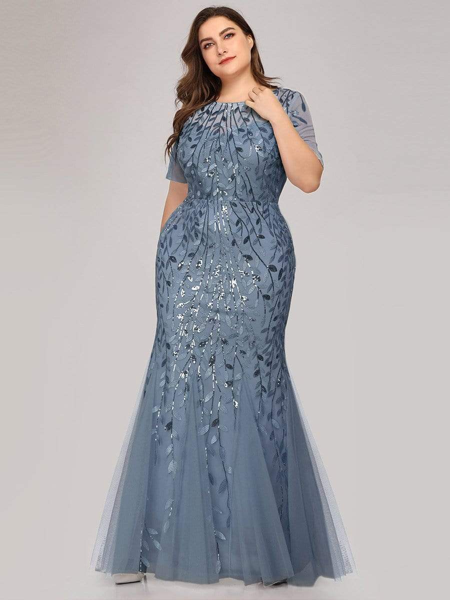 Floral Sequin Print Plus Size Mermaid Tulle Evening Dress #color_Dusty Blue 