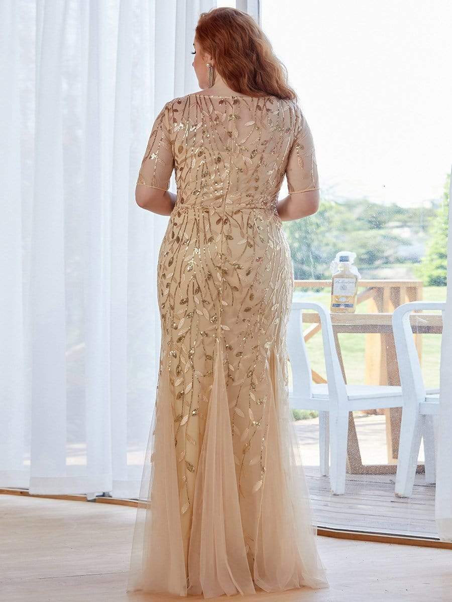 Floral Sequin Print Plus Size Mermaid Tulle Evening Dress #color_Gold 