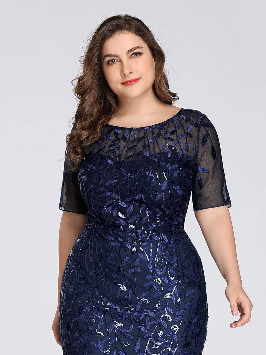 Floral Sequin Print Plus Size Mermaid Tulle Evening Dress #color_Navy Blue 