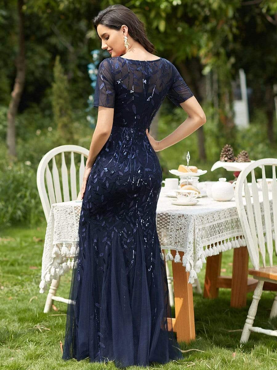 Floral Sequin Maxi Fishtail Tulle Prom Dress with Half Sleeve #Color_Navy Blue