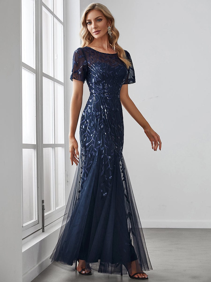 Floral Sequin Maxi Fishtail Tulle Prom Dress with Half Sleeve #Color_Navy Blue