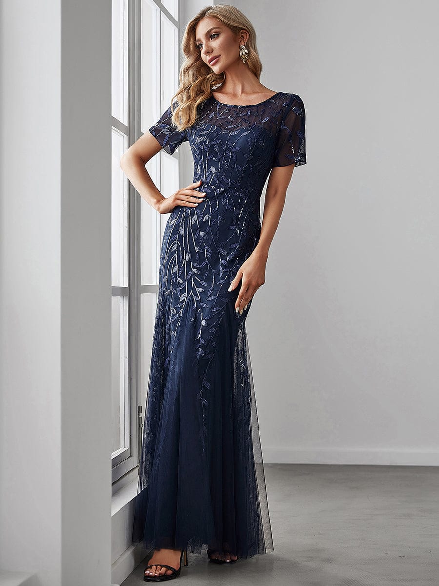 Floral Sequin Maxi Fishtail Tulle Prom Dress with Half Sleeve #Color_Navy Blue