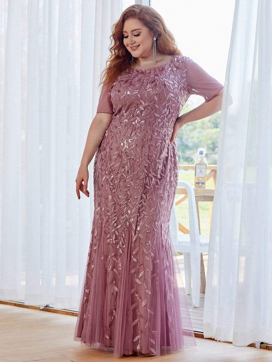 Floral Sequin Print Plus Size Mermaid Tulle Evening Dress #color_Purple Orchid 