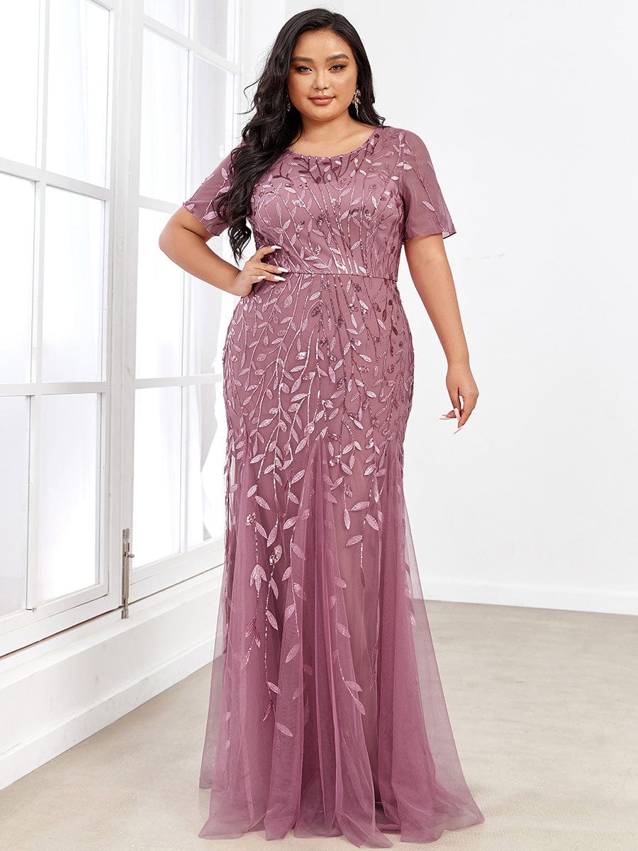 Floral Sequin Maxi Fishtail Tulle Prom Dress with Half Sleeve #Color_Purple Orchid